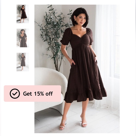 Mikarose Dresses & Skirts - Brown Plaid Midi Dress Puff Sleeves, smoked back, sweetheart neckline